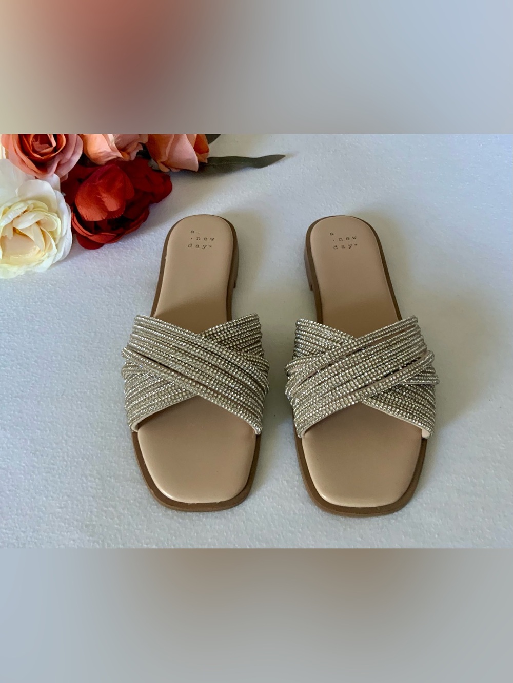 A New Day Rhinestone Crisscross Slide Sandals Size 6